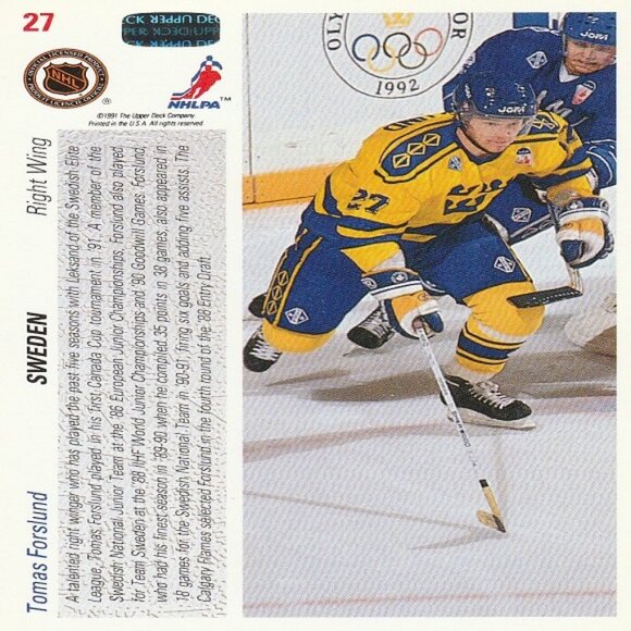 Tomas Forslund - Upper Deck Canada Cup 1991 Series Hockey Card - Card Number 27 - Picture 2 of 2